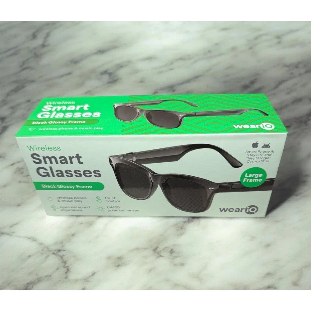 New WeariQ Wireless Smart Glasses Bluetooth, Black Polarized Lenses, Large Frame